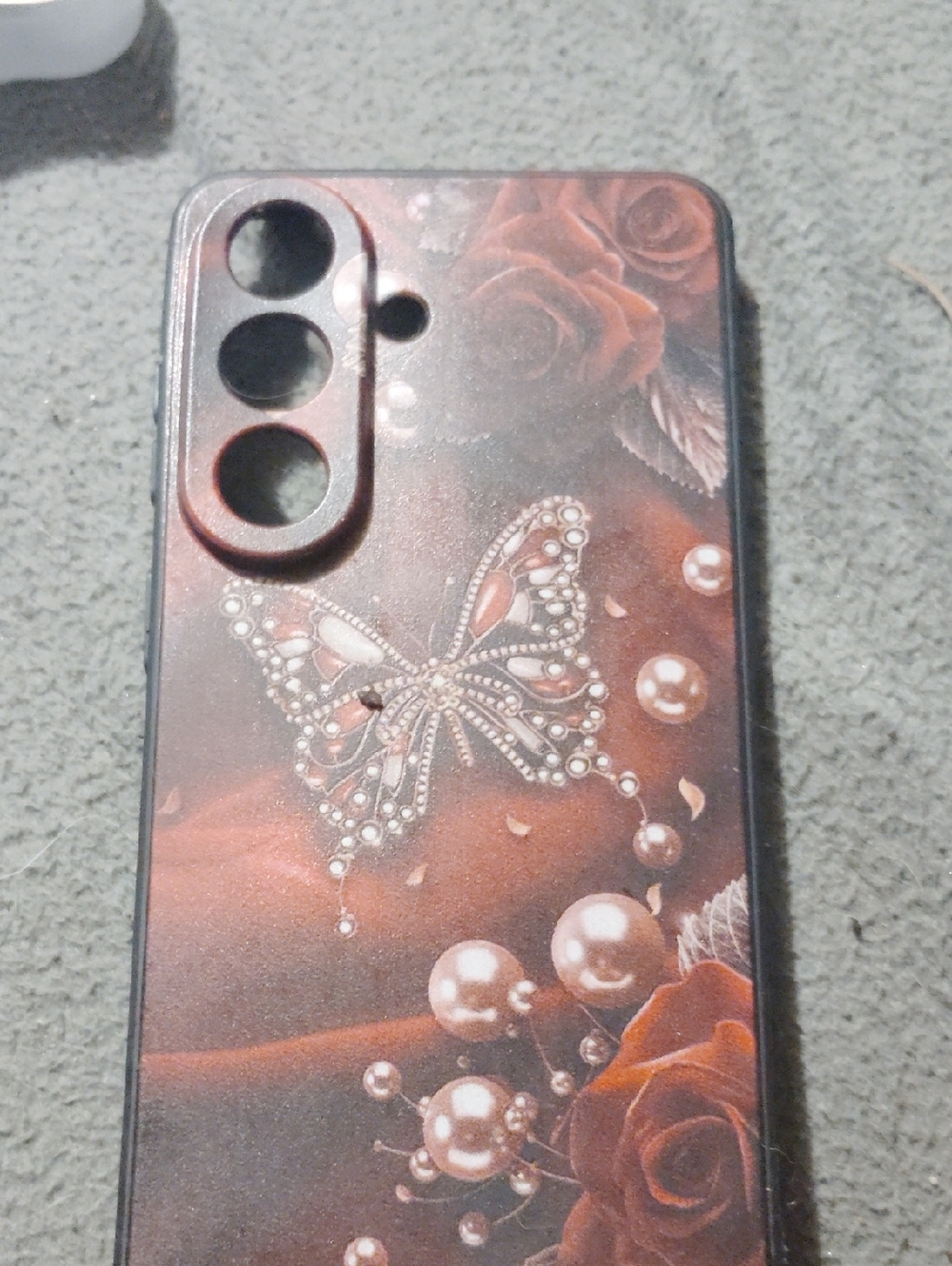 Elegant Butterfly & Rose Phone Case in Copper Red - Decorative Pearl Accents
